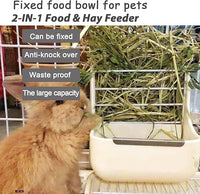 HERCOCCI Rabbit Hay Food Bin Feeder and Bunny Water Bottle Set, Hay Food Feeder Bowls Manger Rack with 500ml Hanging Water Dispenser Prevent Knock Over for Rabbit Guinea Pig Chinchilla (Large, White)