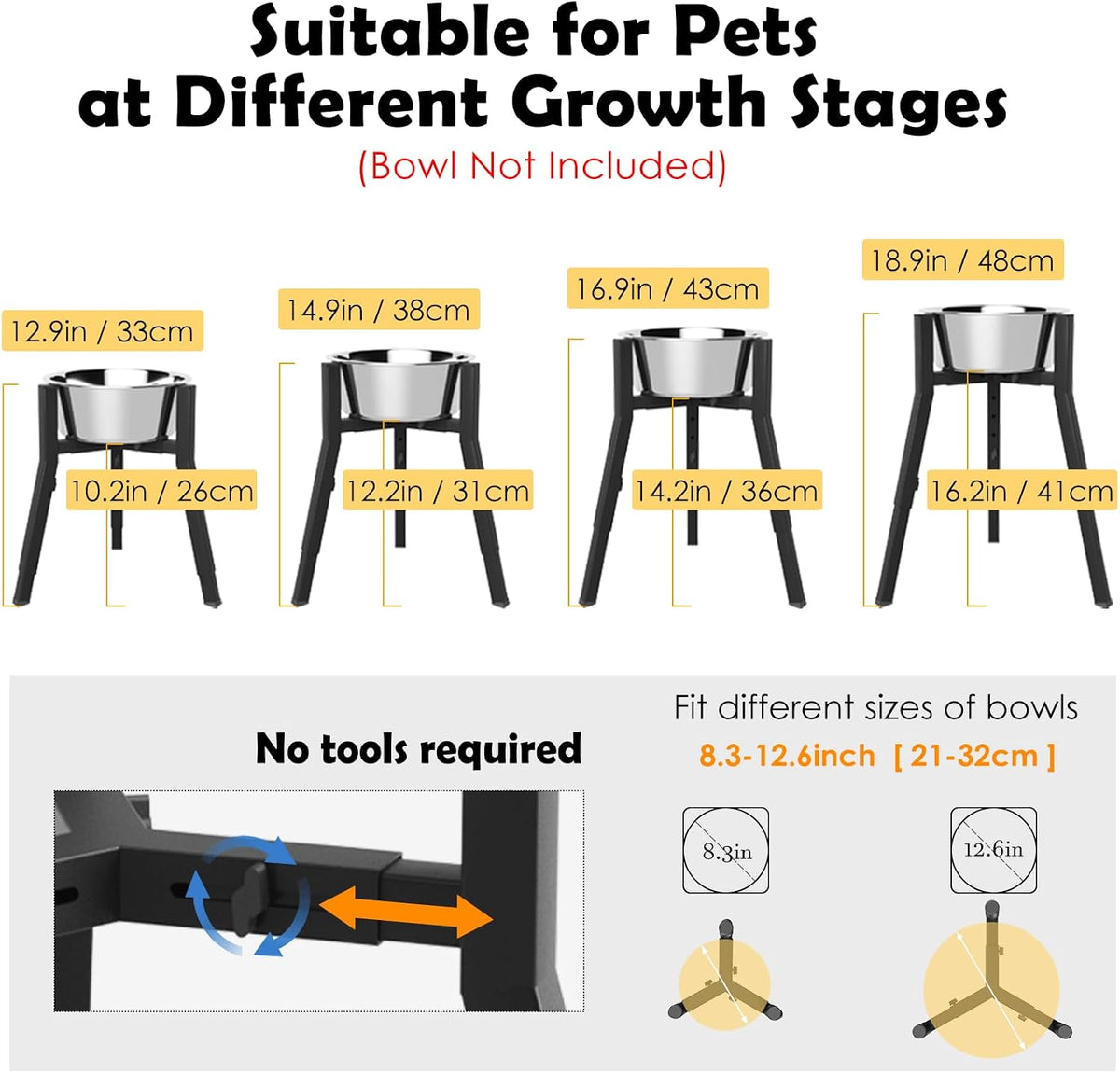 SHAINFUN Adjustable Metal Raised Stand for Large & XL Breeds - Black-FUX / Height: 16.9", Width: 8.3-12.6" - image 3