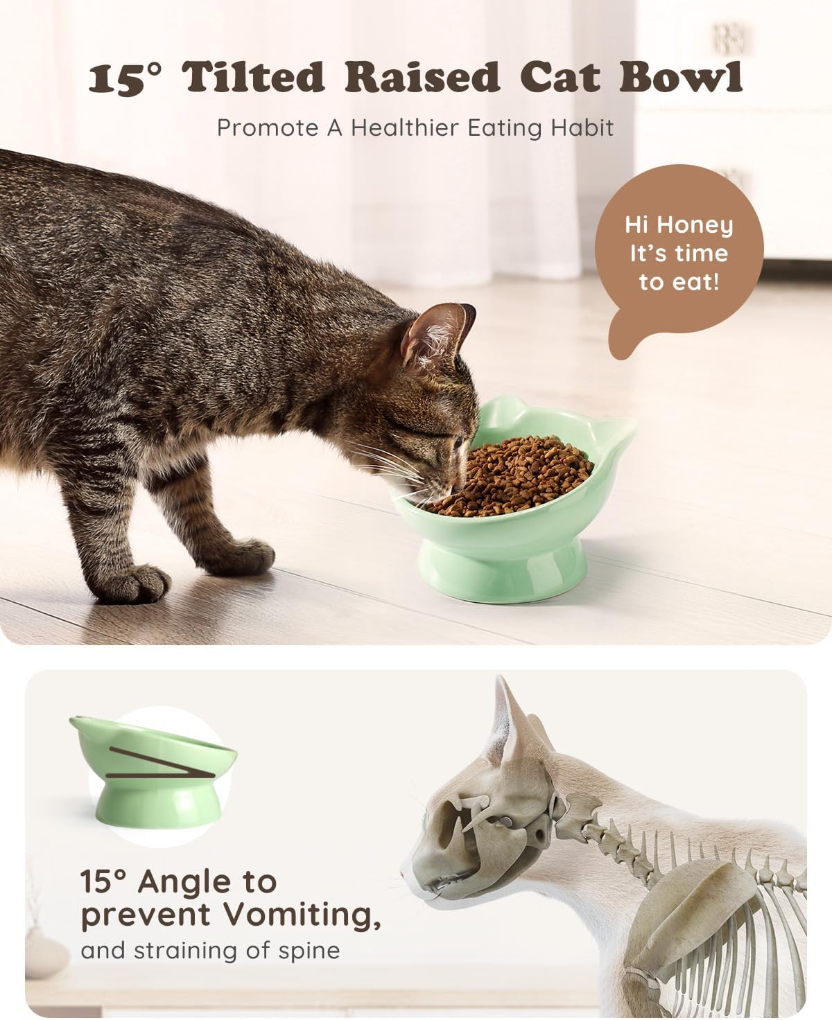 Raised Cat Food Bowl Ceramic 15° Tilted Cat Food Bowls Protect Cat's - FaceGreen-1P / 1 - image 3