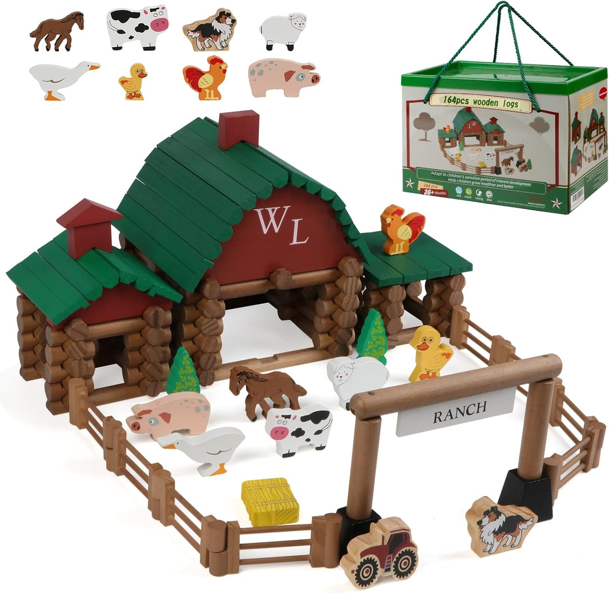 Wondertoys 208 Pcs Wooden Log Set, Classic Building Logs Ages 3+ - 164PCS Ranch