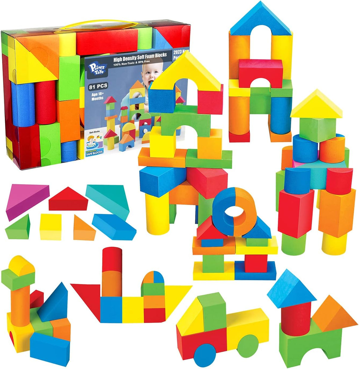 Pairez Toys Foam Building Blocks for Toddlers 2-4 - Multicolor - 81 Pieces