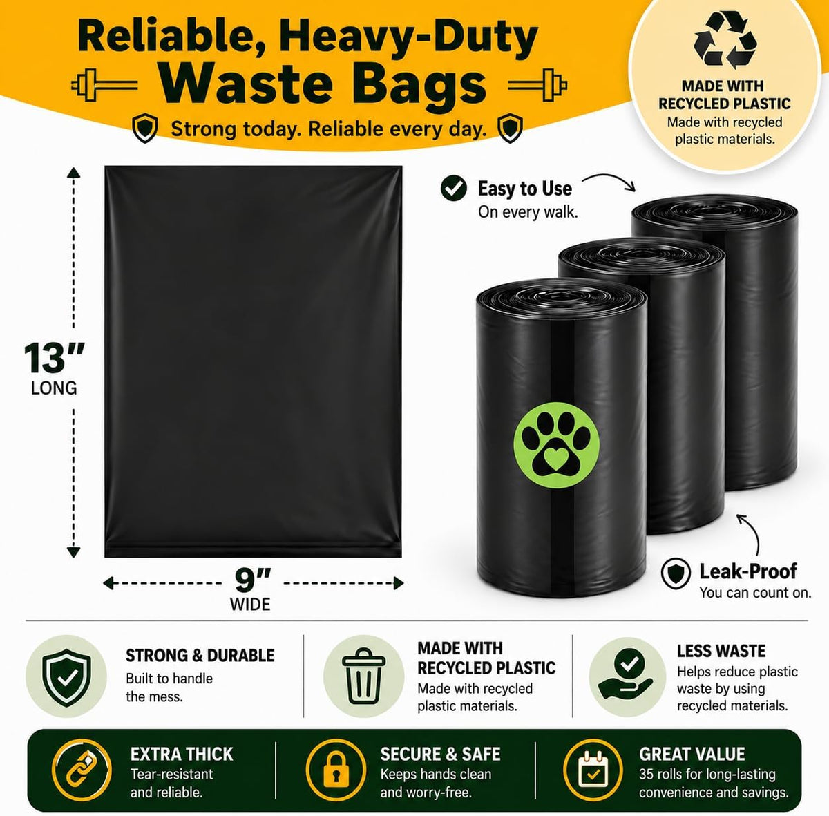Doggy Poop Bags with Dispenser Dog Waste Pickup Bags Refill Rolls Cat - Black (35 Rolls Unscented) - image 2