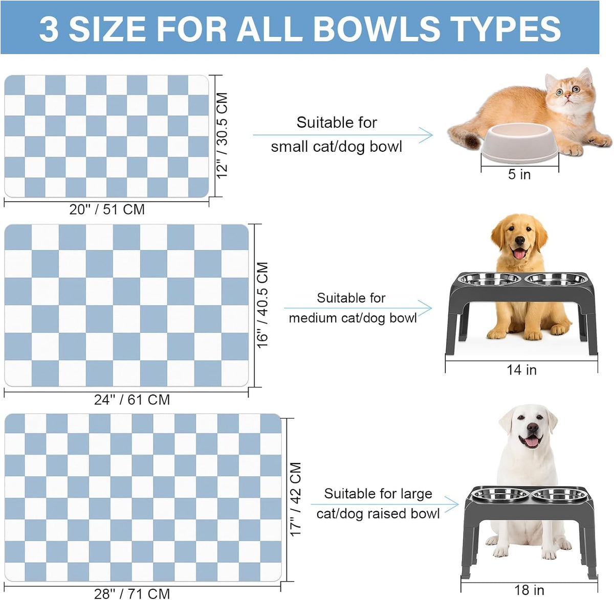 Cat Food Mat, 12"x 20" Cat Dog Mats for Food and Water Bowl - 16"L x 24"W / Blue & White - image 3