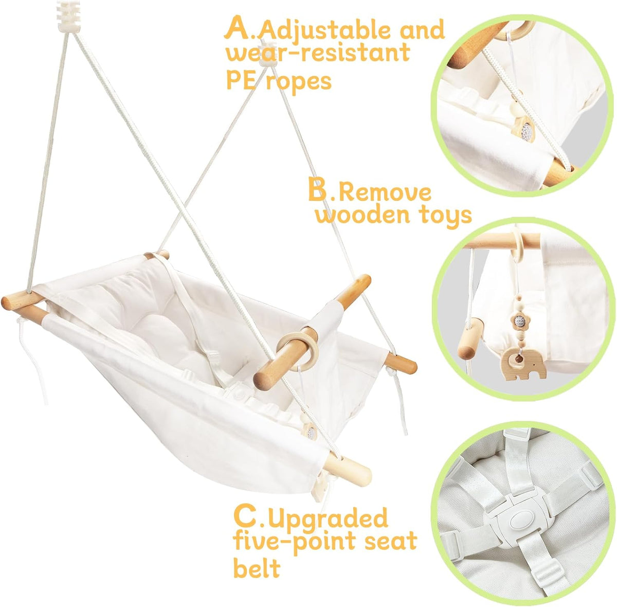 Tislly indoor outdoor baby swing in grey cotton with beech wood frame and 5-point belt - view 15