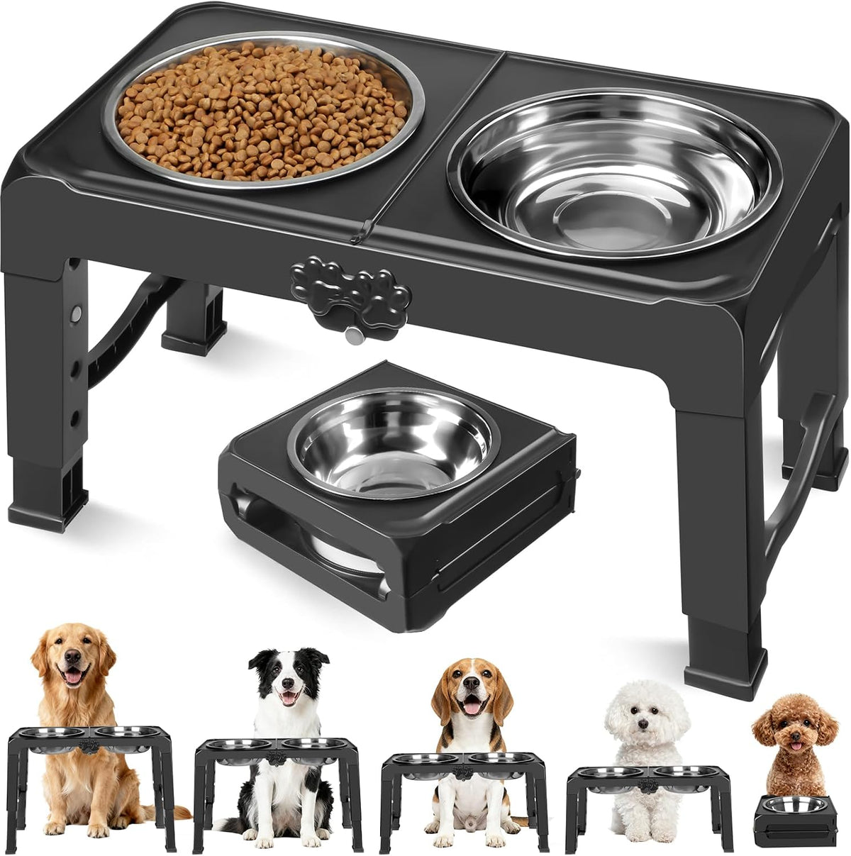 Elevated Bowls, 4 Height Adjustable Raised Stand With 2 Thick 50oz Stainless Steel Food Bowls - Black / 7.1" for Medium Dogs