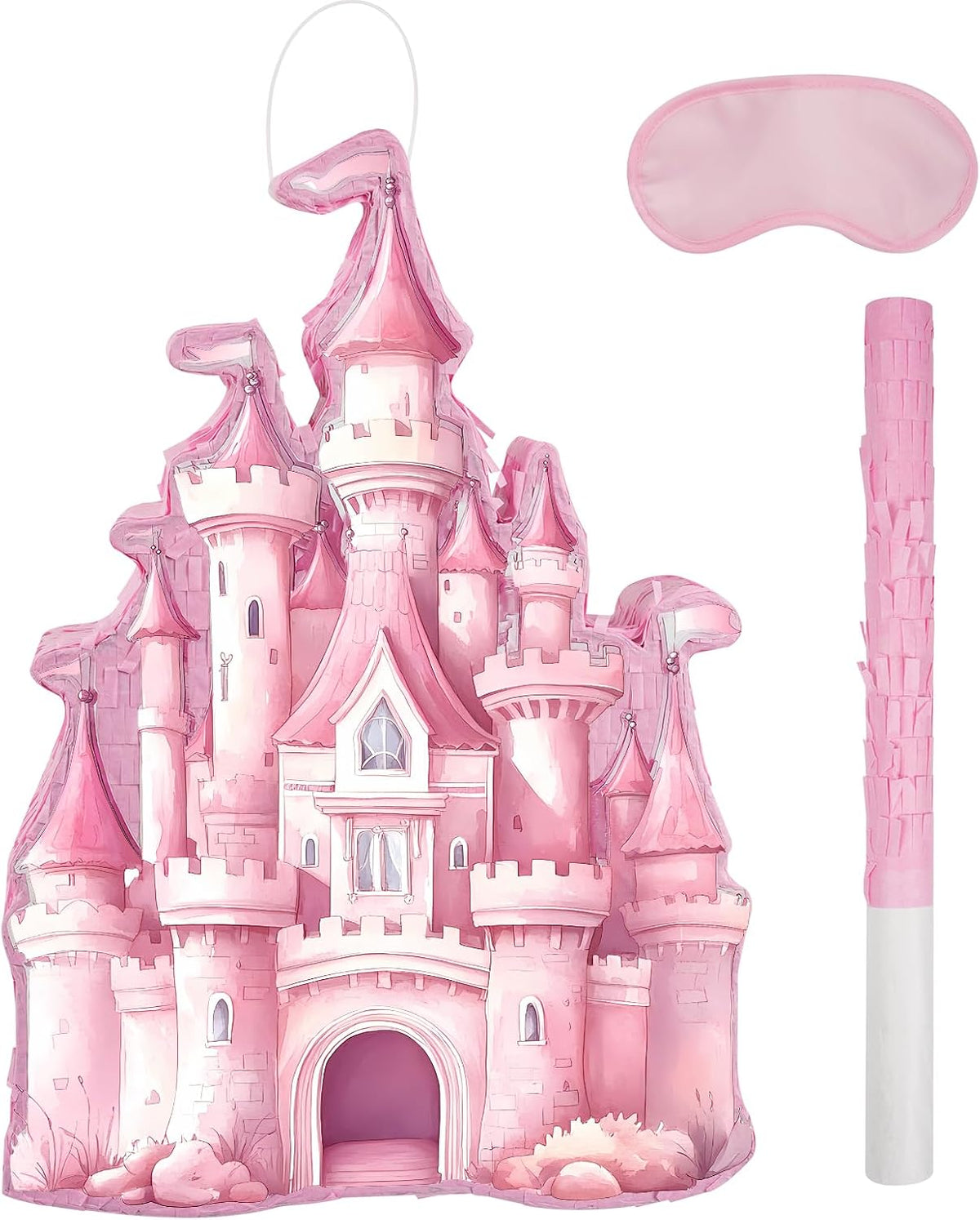 Princess Castle Pinata - Pink Castle Pinata with Blindfold and Bat for Girls Kids Princess Theme - Castle B