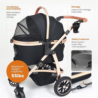 3 in 1 Pet Stroller - Stroller for Small to Medium Dogs and Cats up to 55 lbs, with Detachable Carrier/Car Seat, Foldable and Lightweight, Detachable Cushion + Cup Holder (Black/Gold)