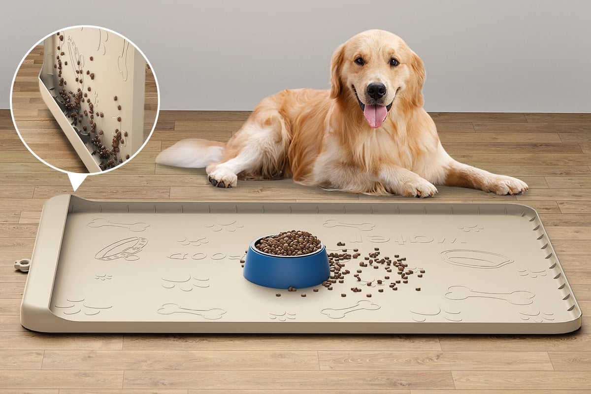 Dog Food Mat 36"x24" - Silicone Dog Mat for Food and Water Large Pet Feeding Mats with Residue - Sand / 36"L x 24"W