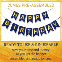 Happy Birthday Banner,Pre-Strung Black and Gold Party Decorations，16ft Pre-Strung Hanging Sign - blue - image 4
