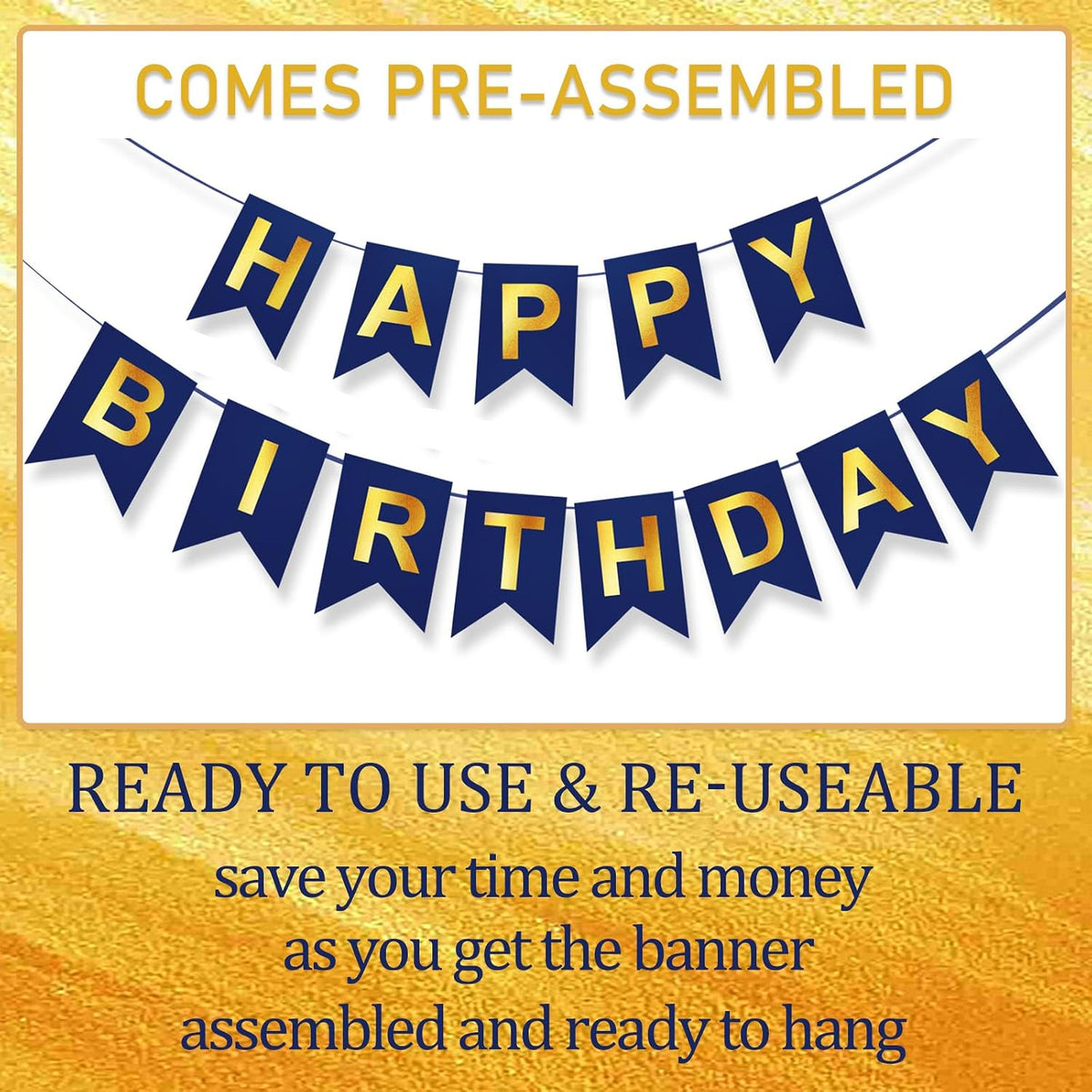 Happy Birthday Banner,Pre-Strung Black and Gold Party Decorations，16ft Pre-Strung Hanging Sign - blue - image 4