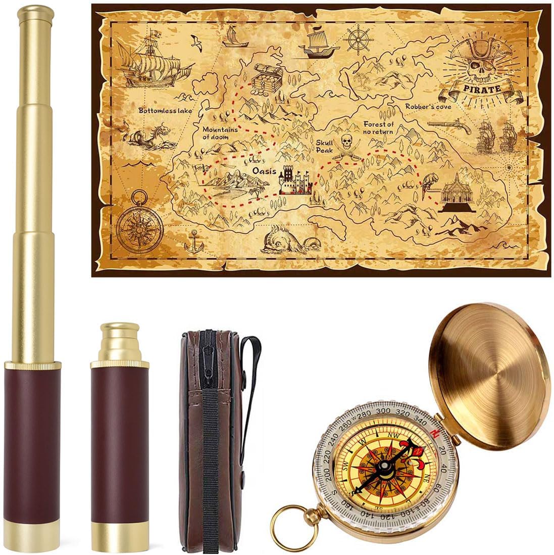 Aubric pirate spyglass telescope with fabric treasure map and golden compass