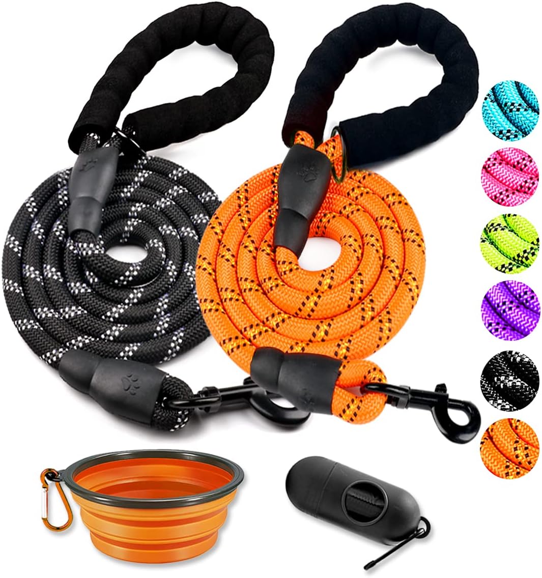 COOYOO 2 Pack Dog Leash 5 FT Heavy Duty - 1/2"x 6 FT (18~120 lbs.) / Set 7-Black+Orange