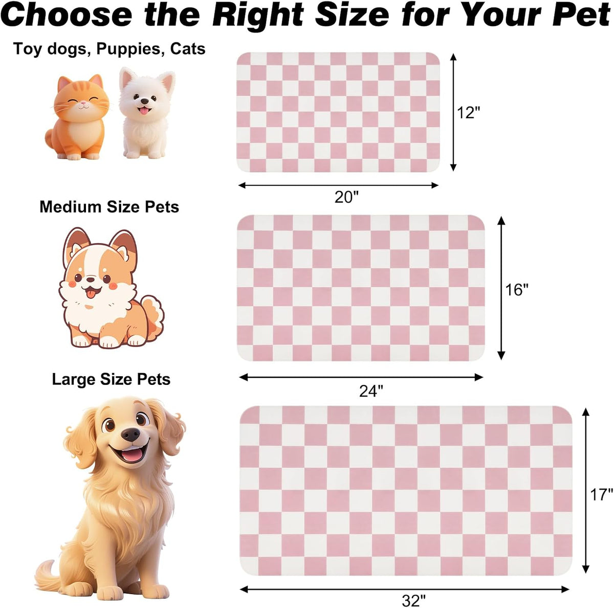 CooRug Checkered Dog Food Mat, Pet Feeding Mat 20" L x 12" W - Pink / 24"L x 16"W - image 2