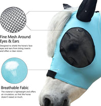 Horse Fly Mask with Ears - Large Eye Space for Full Vision, Breathable Stretch Comfort Fit, UV Protection, Forelock Opening, Easy Pull-On Paleblue Full