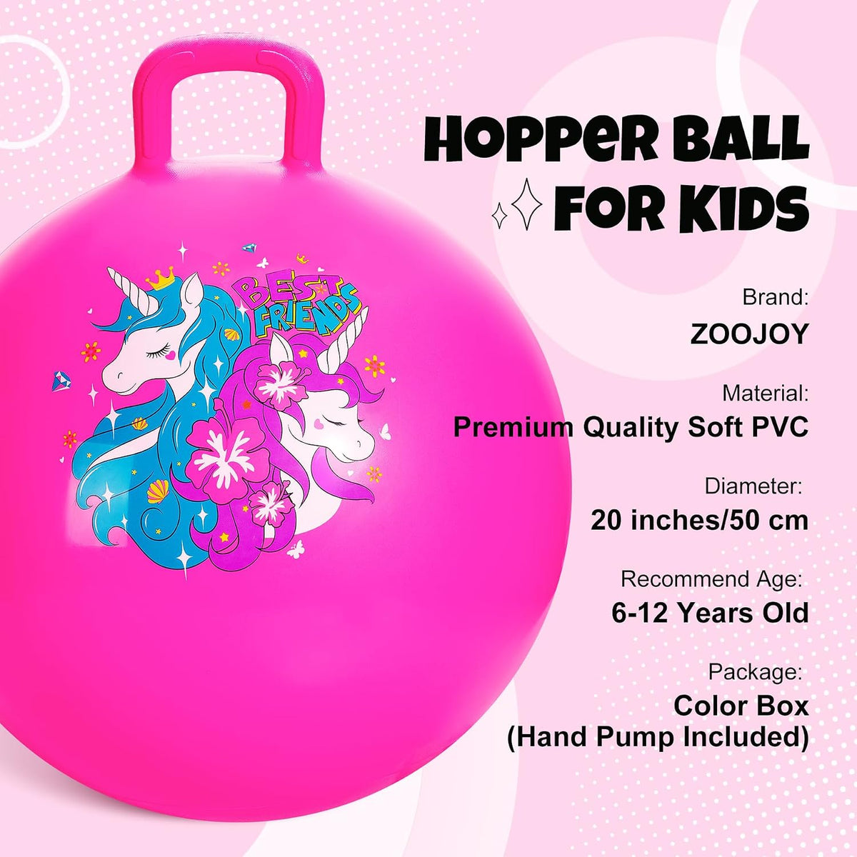 ZOOJOY Hopper Ball, Hopping Toys for Kids - Age:6-12(20''/50cm) / Pink Unicorn - image 2