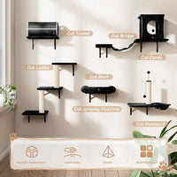 NUNU LAB Cat Wall Shelves Set, 7 Pcs Wall-Mounted Cat Climber with Cat House, Tunnel, Bridge, Scratching Post, Hammock, Wall Shelves, Black