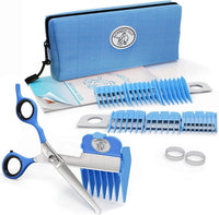 Silent pet grooming kit with scissors, seven clipper combs, finger inserts and storage bag