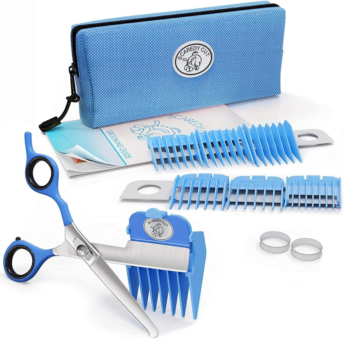 Silent pet grooming kit with scissors, seven clipper combs, finger inserts and storage bag
