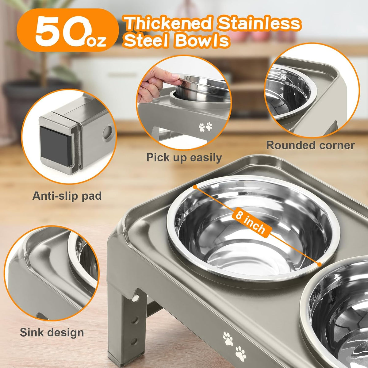 Elevated Bowls, 4 Height Adjustable Raised Stand With 2 Thick 50oz Stainless Steel Food Bowls - Light Brownish Gray / 8" for Medium Dogs - image 4