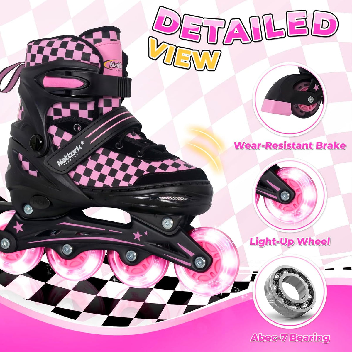 Nattork adjustable inline skates for kids with light-up wheels and checkerboard upper - view 32