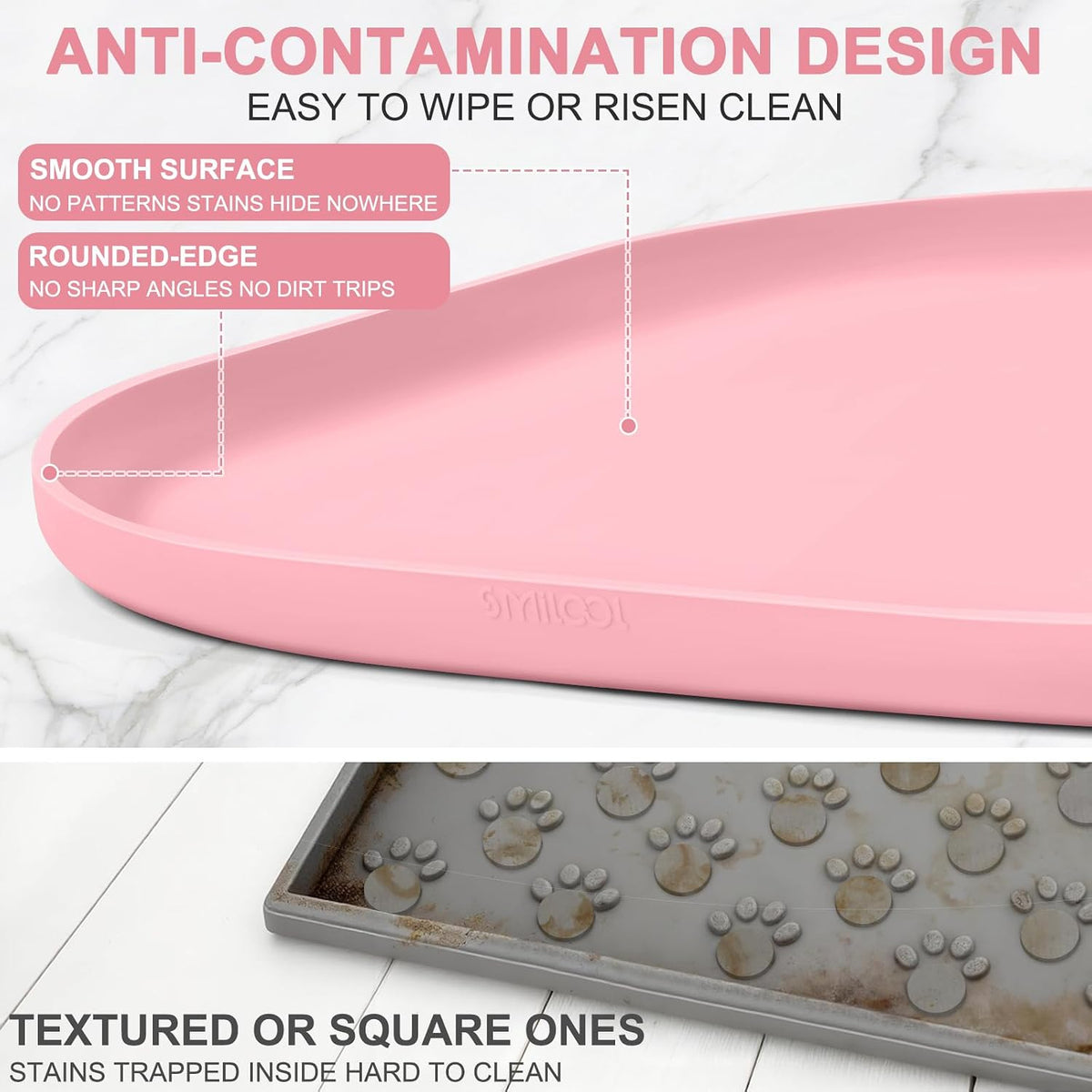SMILOOL Waterproof Silicone Pet Food Mat with Raised Edge for Dog - Sakura Pink / 12"L x 12"W - image 4