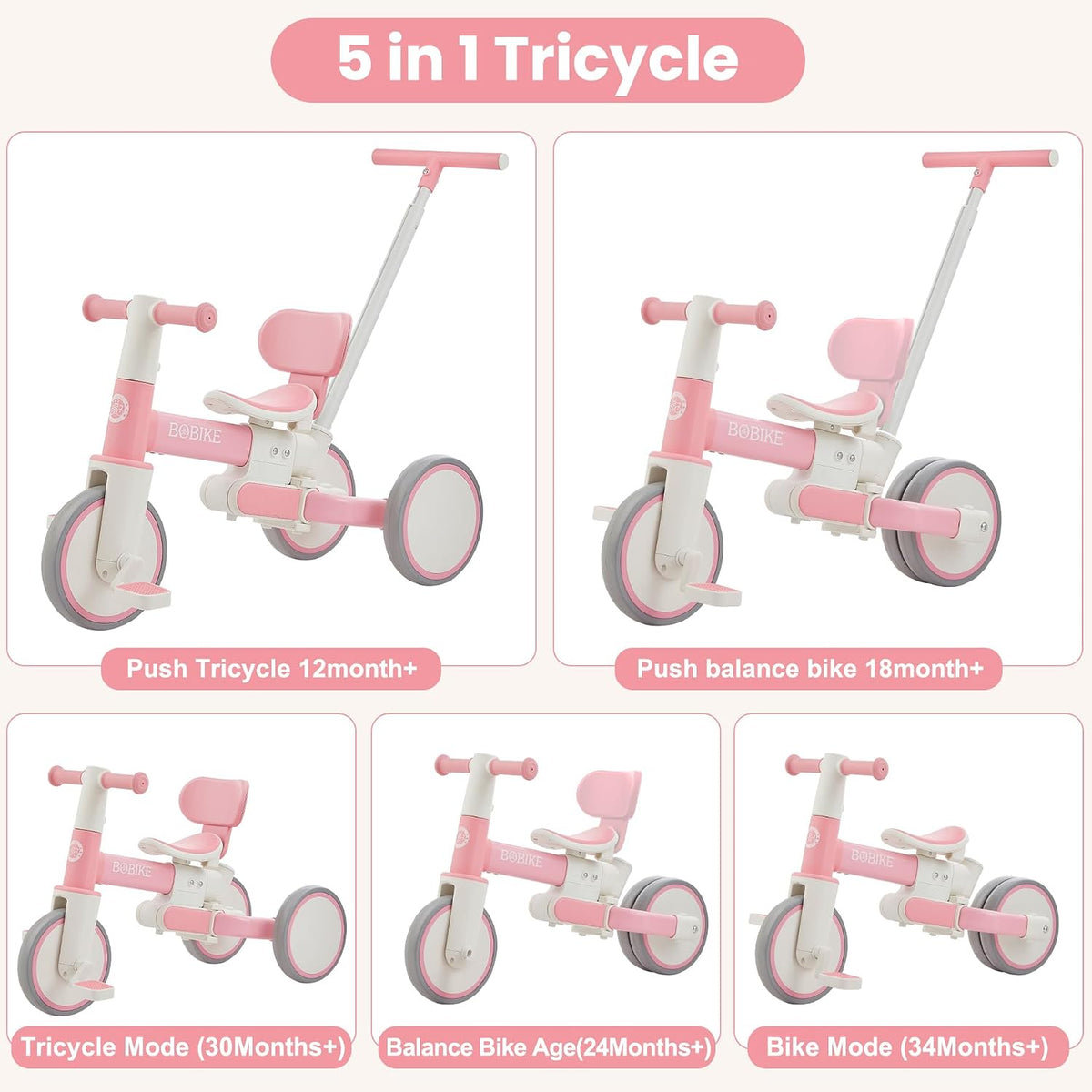 Bobike 5-in-1 toddler tricycle with push handle and seat backrest in purple - view 5