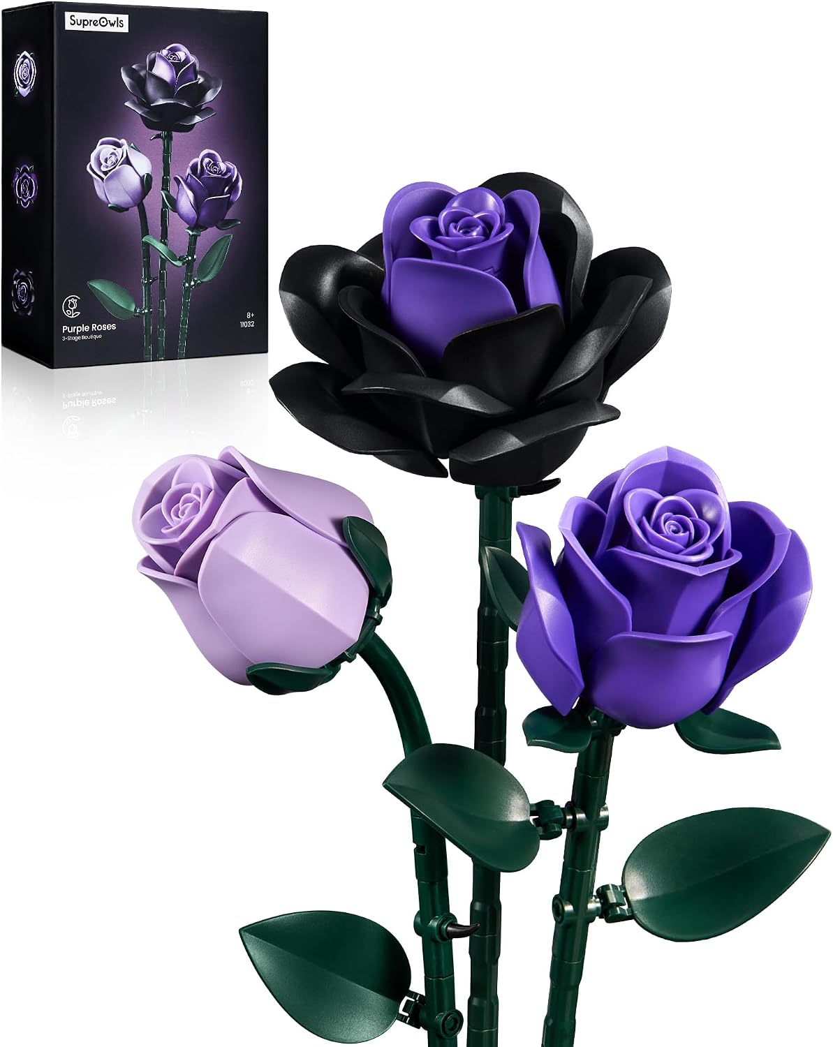 iATOM Black Roses Flower Building Set 3Pack Basket Stuffers Gift - Purple