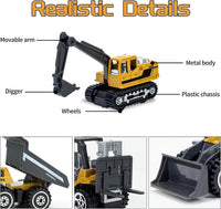 Tcvents 6-piece set of yellow diecast mini construction trucks including excavator and dump truck - view 4