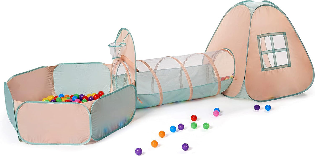 UTEX 3 in 1 Pop Up Play Tent with Tunnel - Pink/ Green & Ball Pit - image 2