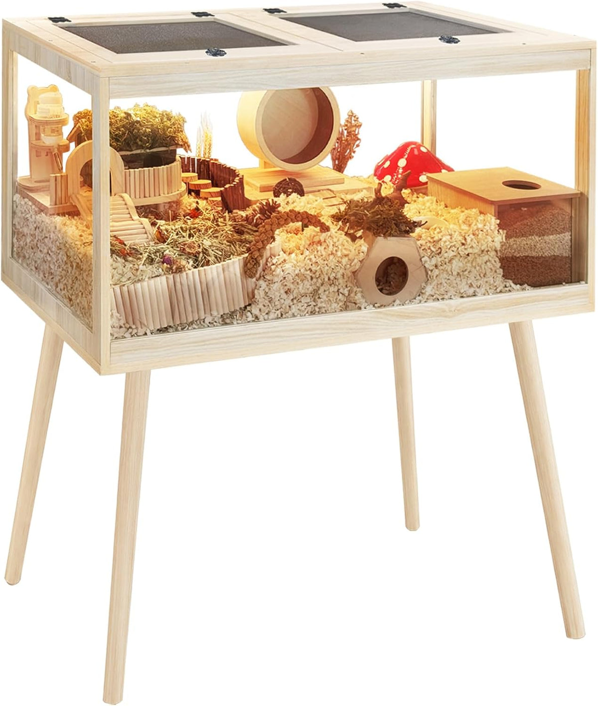PROLEE Small Animal Cage, Hamster Cage Wooden Roof - 32.0"L x 16.0"W x 40.0"H / Metal Mesh Roof