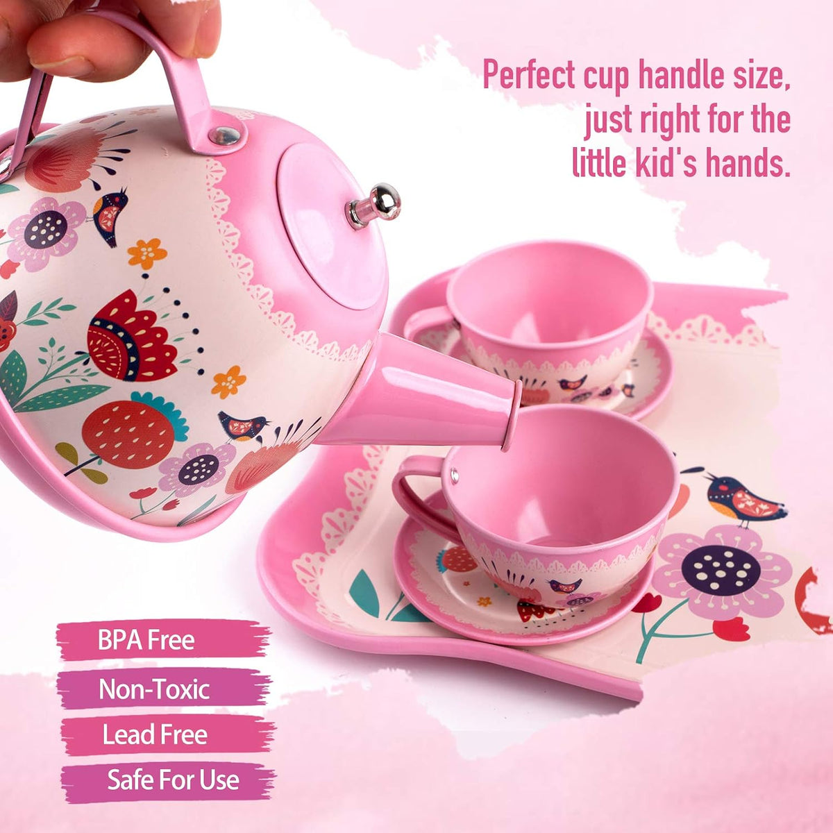 D-FantiX 15 piece pink tin tea party set with teapot, cups, saucers and suitcase - view 3