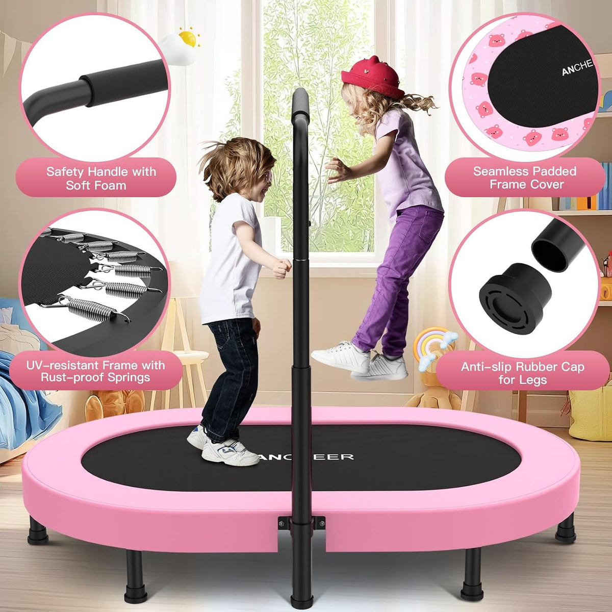 ANCHEER 56" Double Mini Trampoline for Kids - Pink Pro - image 2