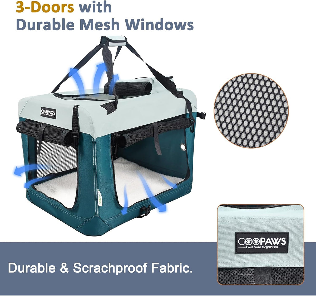 JESPET 3 Door Soft Dog Crates Kennel - 8-Teal Blue / Small(24"L x 16.5"W x 16.5"H) - image 2