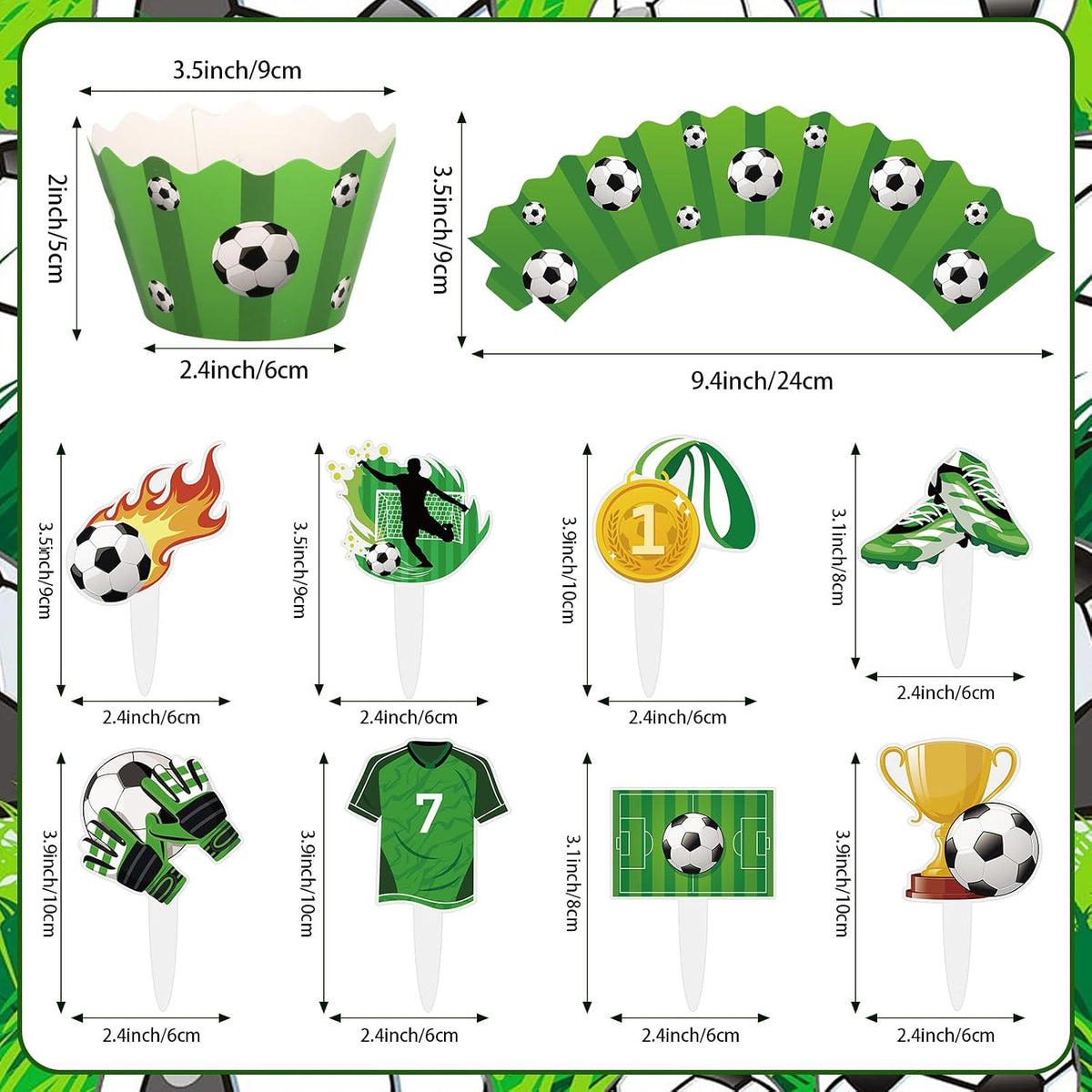 Hxezoc football cupcake toppers and wrappers set with brown and green football designs - view 23