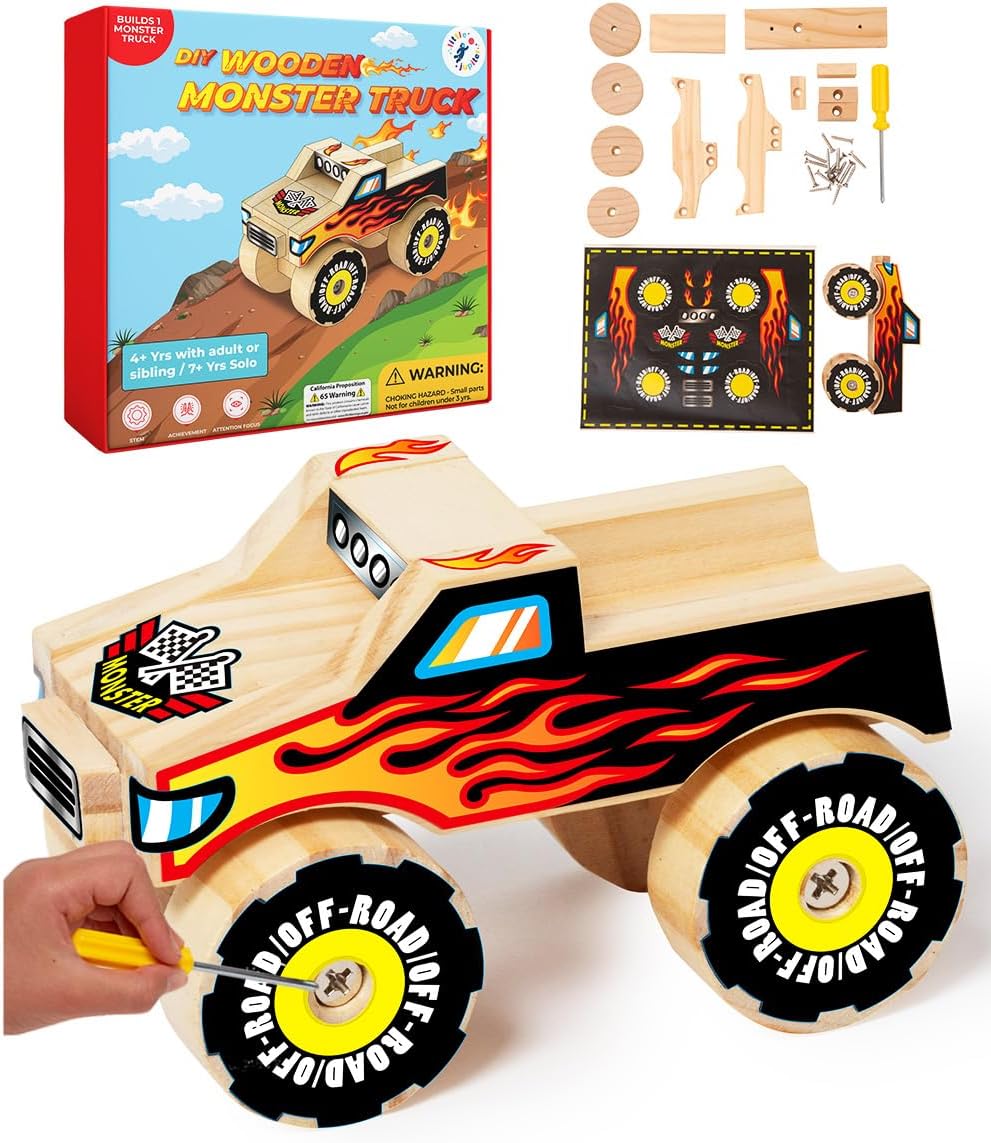 Little Jupiter DIY Wooden Kits w/Stickers, Kids Building Kit - Monster Truck #1