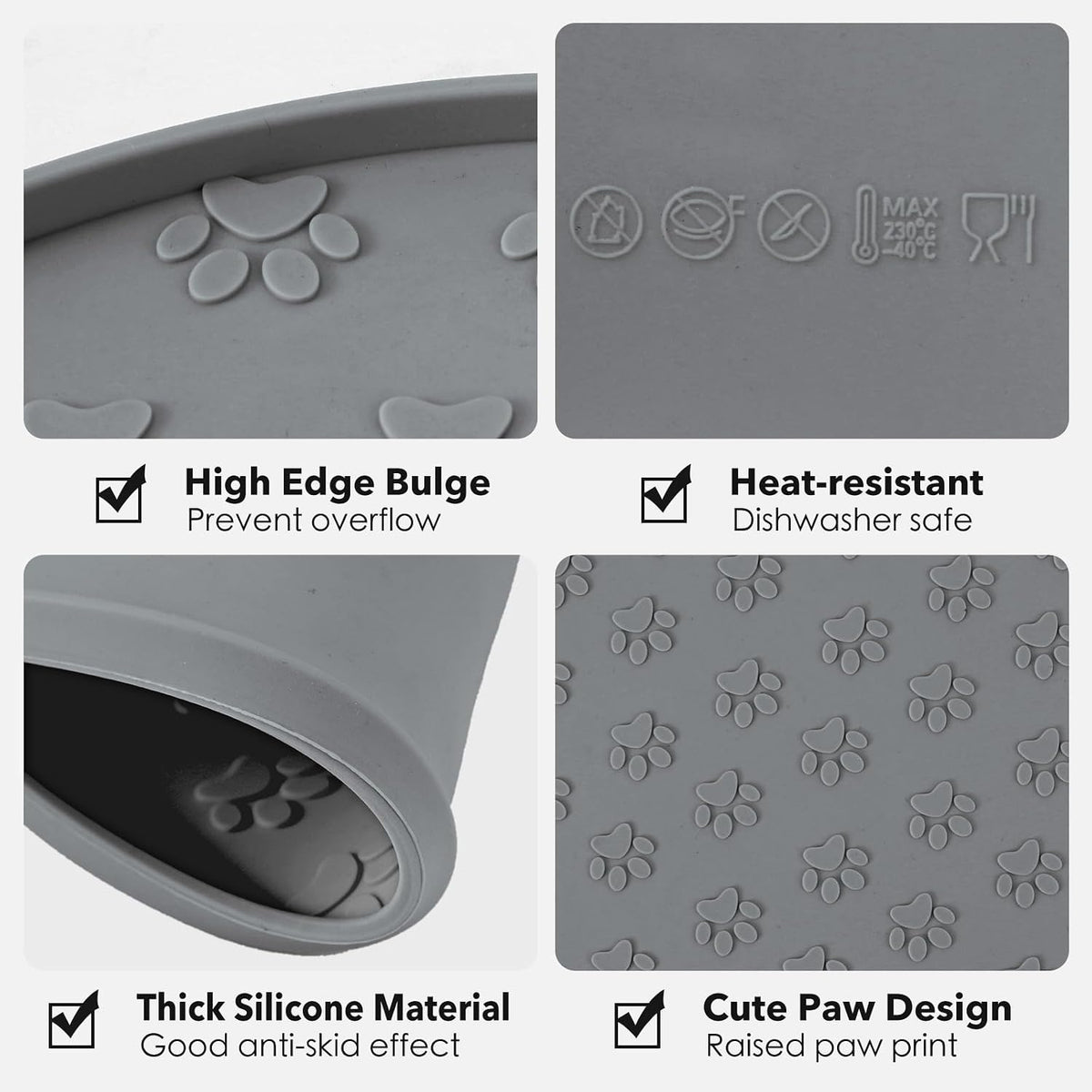 Silicone Pet Food Mat - Waterproof Dog & Cat Feeding Mat with High Lip to Prevent Spills & Protect - Grey - image 3