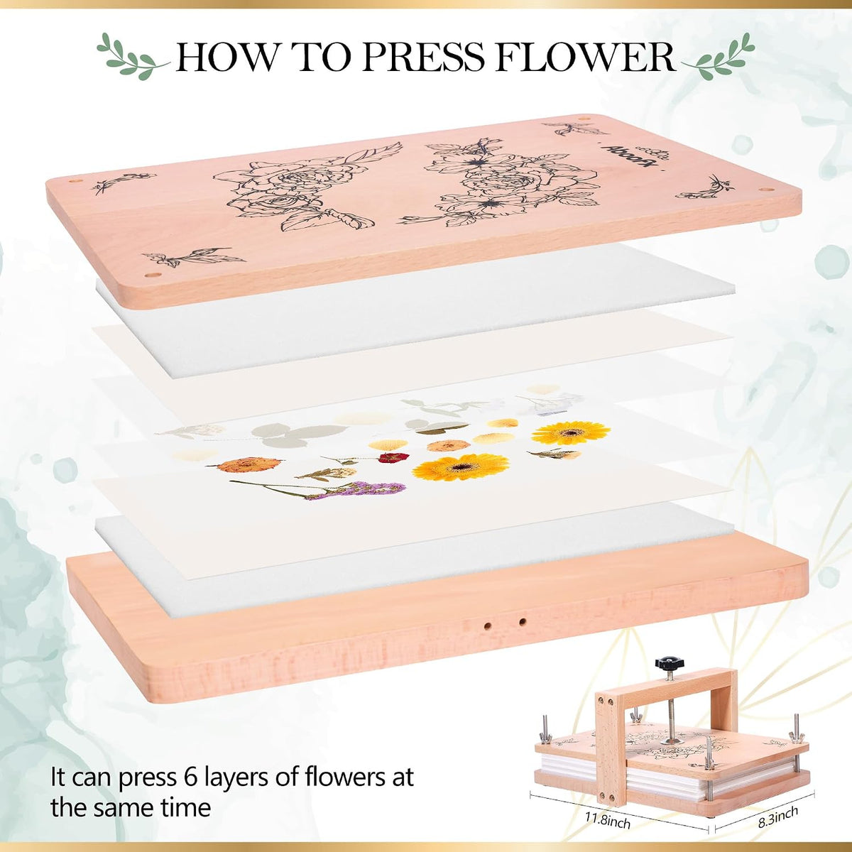 Aboofx large wooden flower press kit with six layers, lining papers and craft tools - view 3