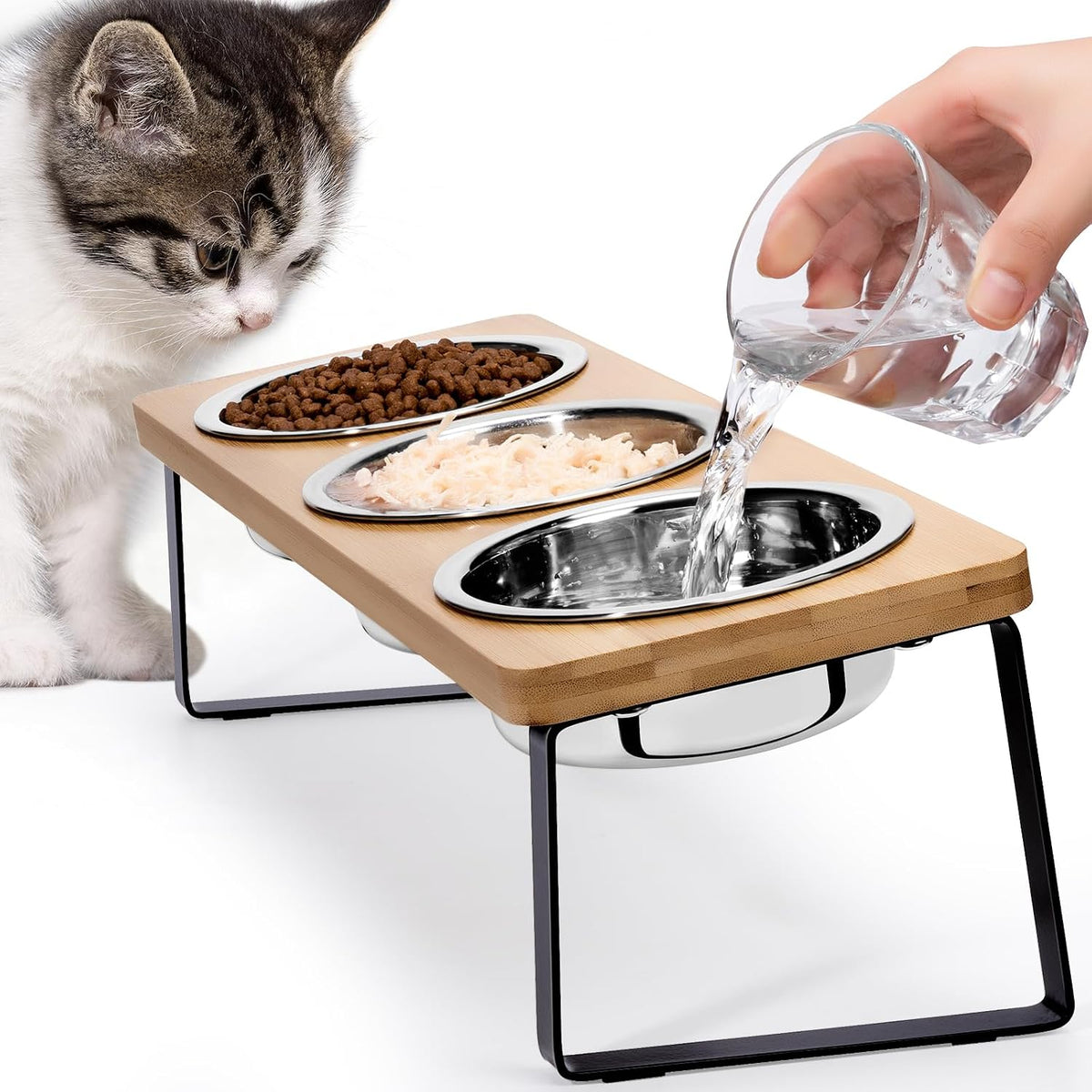 Elevated Cat Food Bowl for Indoor Cats - 3 Bowls / Wood Color