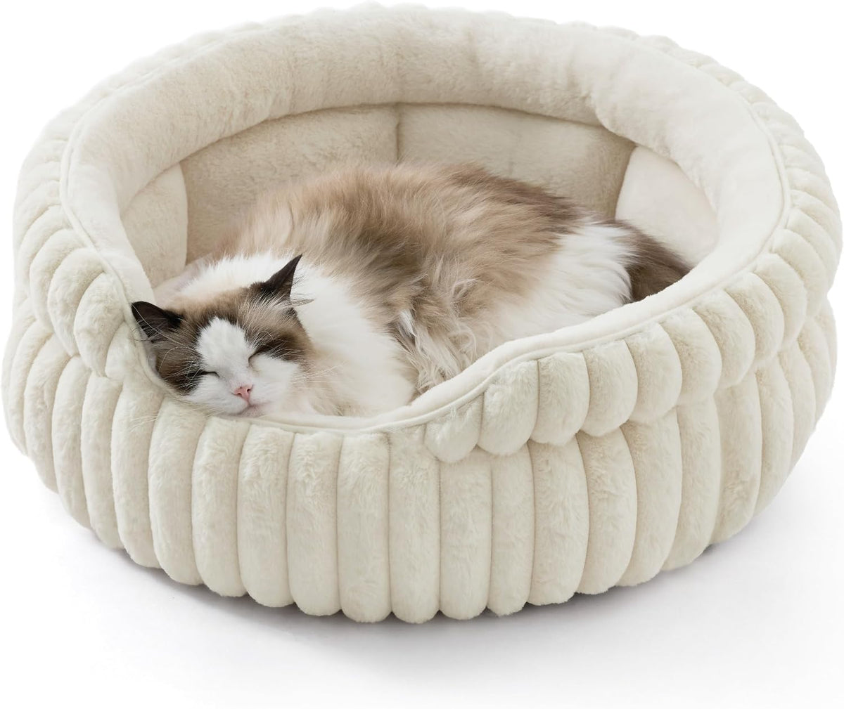 Bedsure ComfyFleece Washable Cute Cat Bed, Soft Round Kitten Bed - 23''x23''x8.5'' / Cream