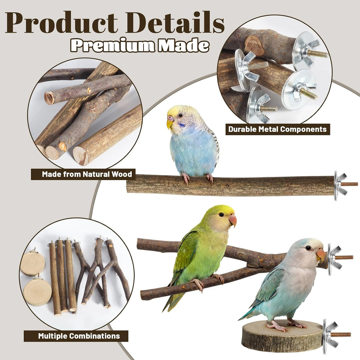 8 Pack Natural Wood Bird Perches for Cage, Wooden Parrot Perch – Essentials for Birds - Large Size-8 Pack - image 3