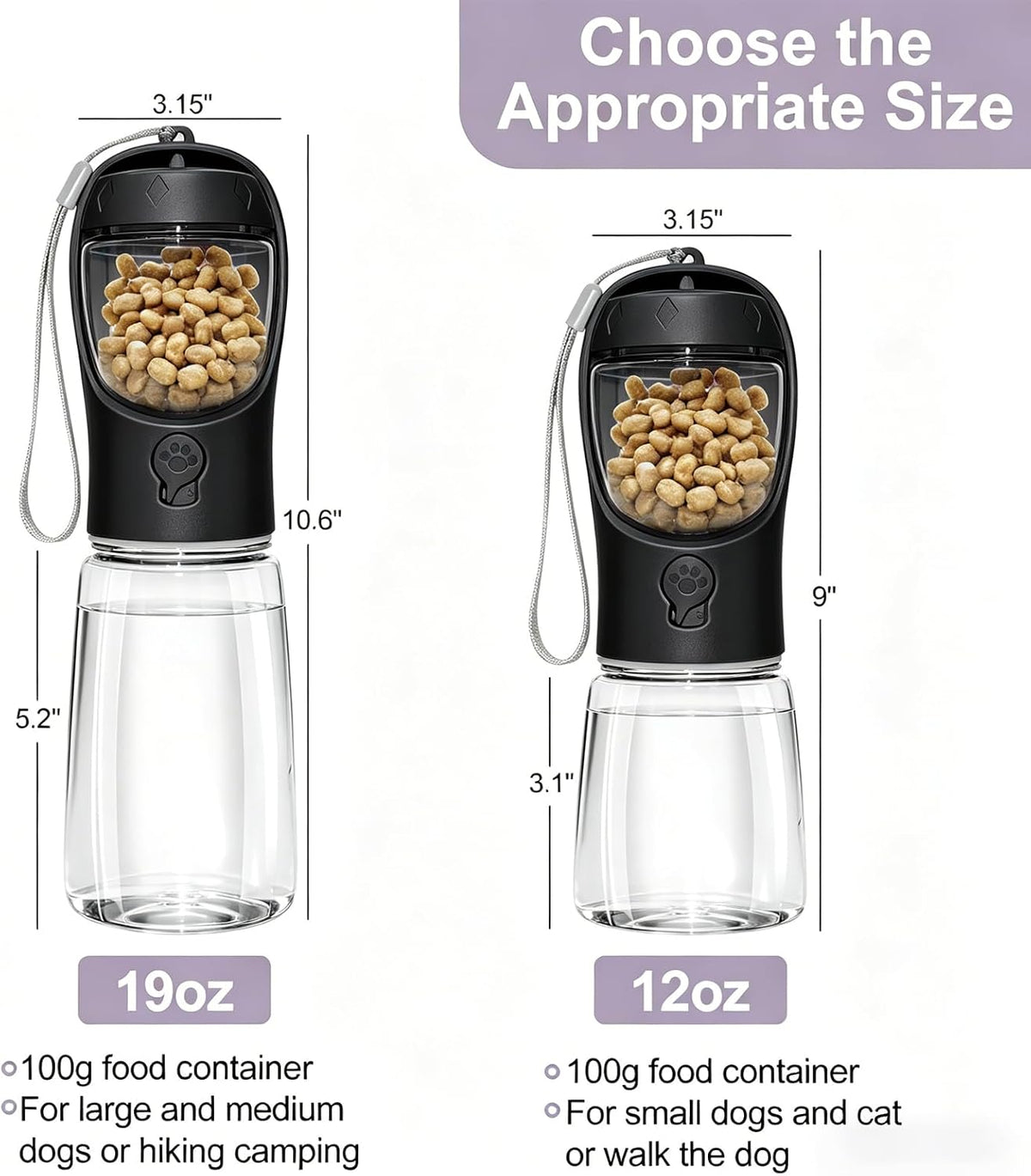 Portable Dog Water Bottle with Food Container - Black / 12oz - image 3
