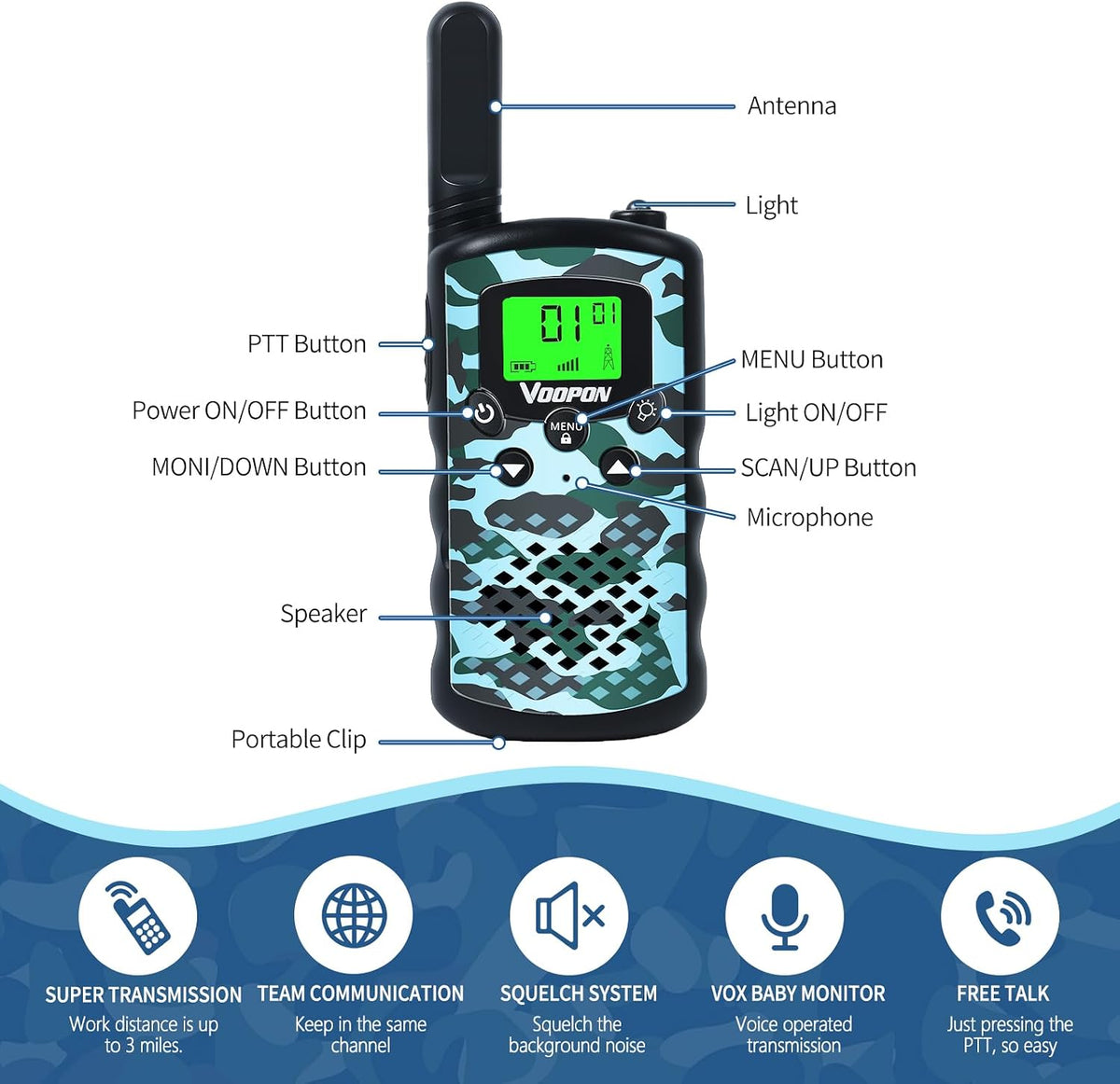 VOOPON green camo walkie talkies for kids with LCD screens - view 14