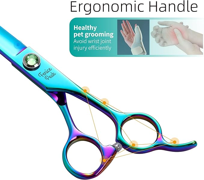 Fenice Peak Green Dog Grooming Scissors Set Straight Thinning Curved and Chunker Shears 4PCS Kit with Simulated Emerald Screw 440C Trimming Shears Durable and Sharp