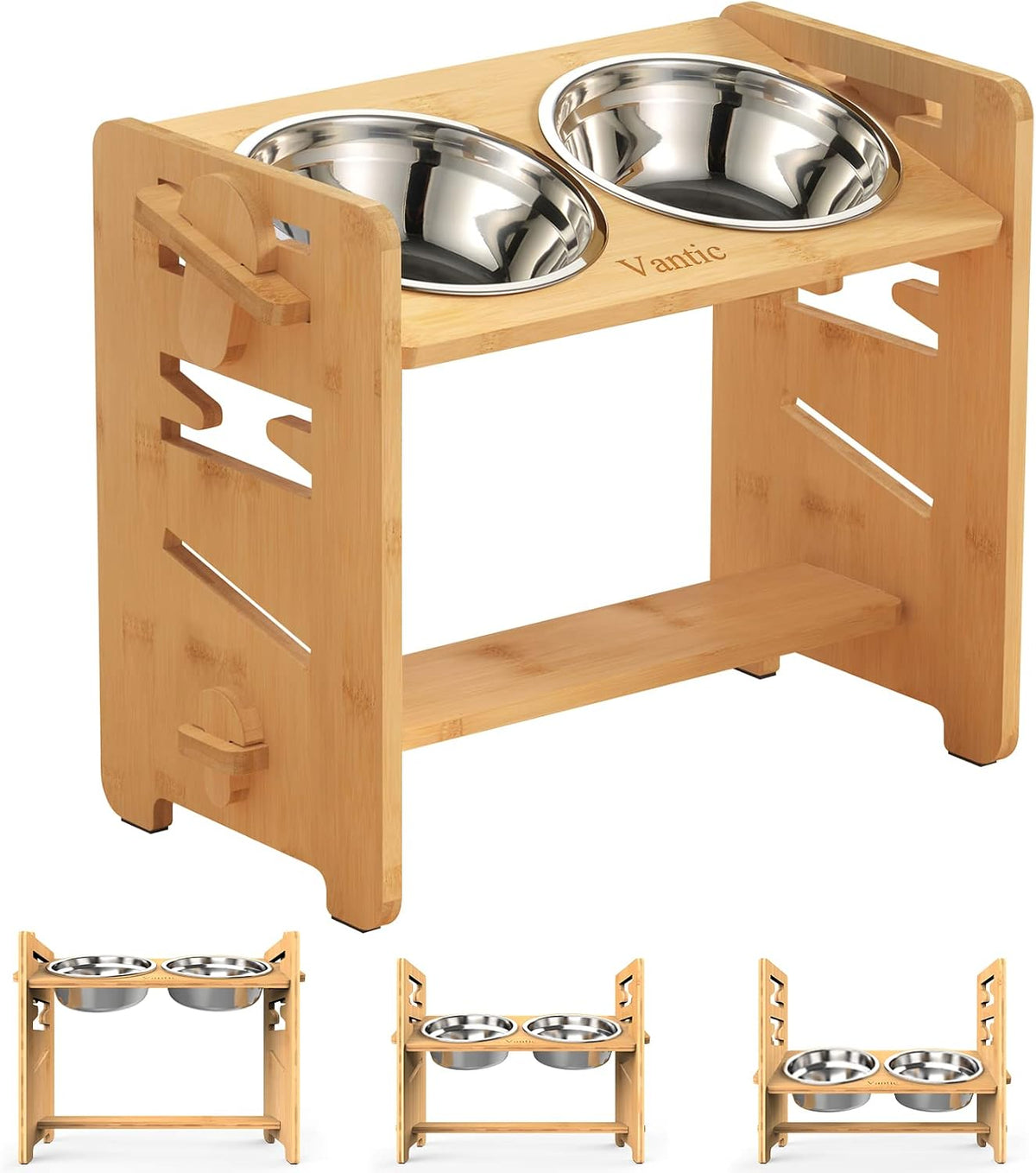 Elevated Dog Bowls, Raised Dog Bowl Stand Adjustable Small - Bamboo / Medium / Without Mat