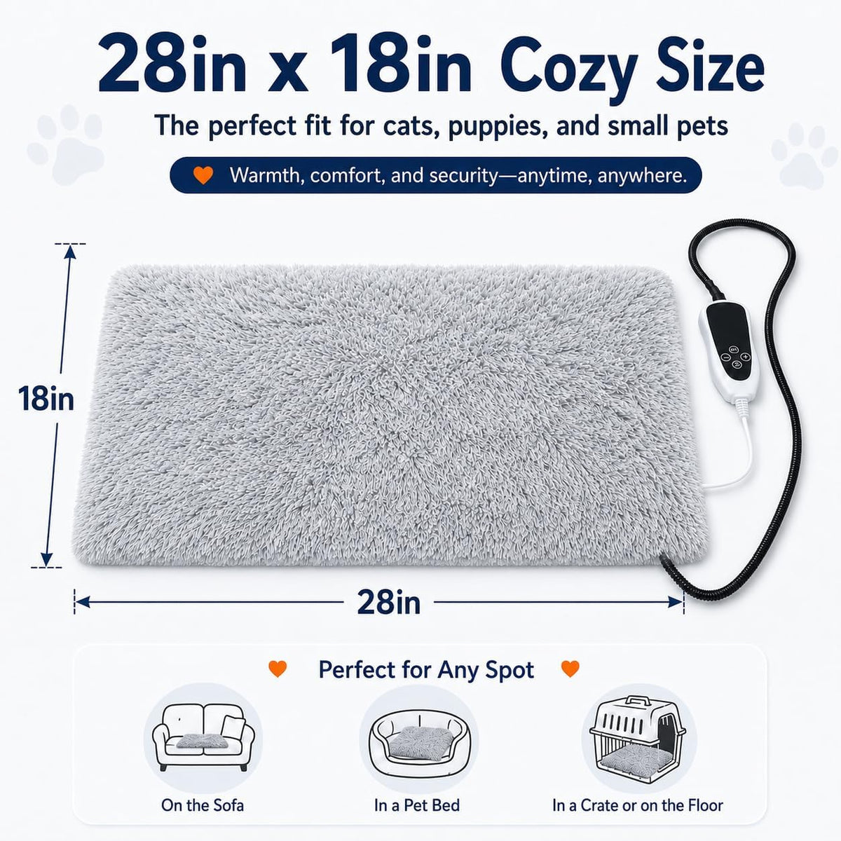 Pet Heating Pad for Cats with Normally Open Function - Grey Plush / 28.0"L x 18.0"W - image 2