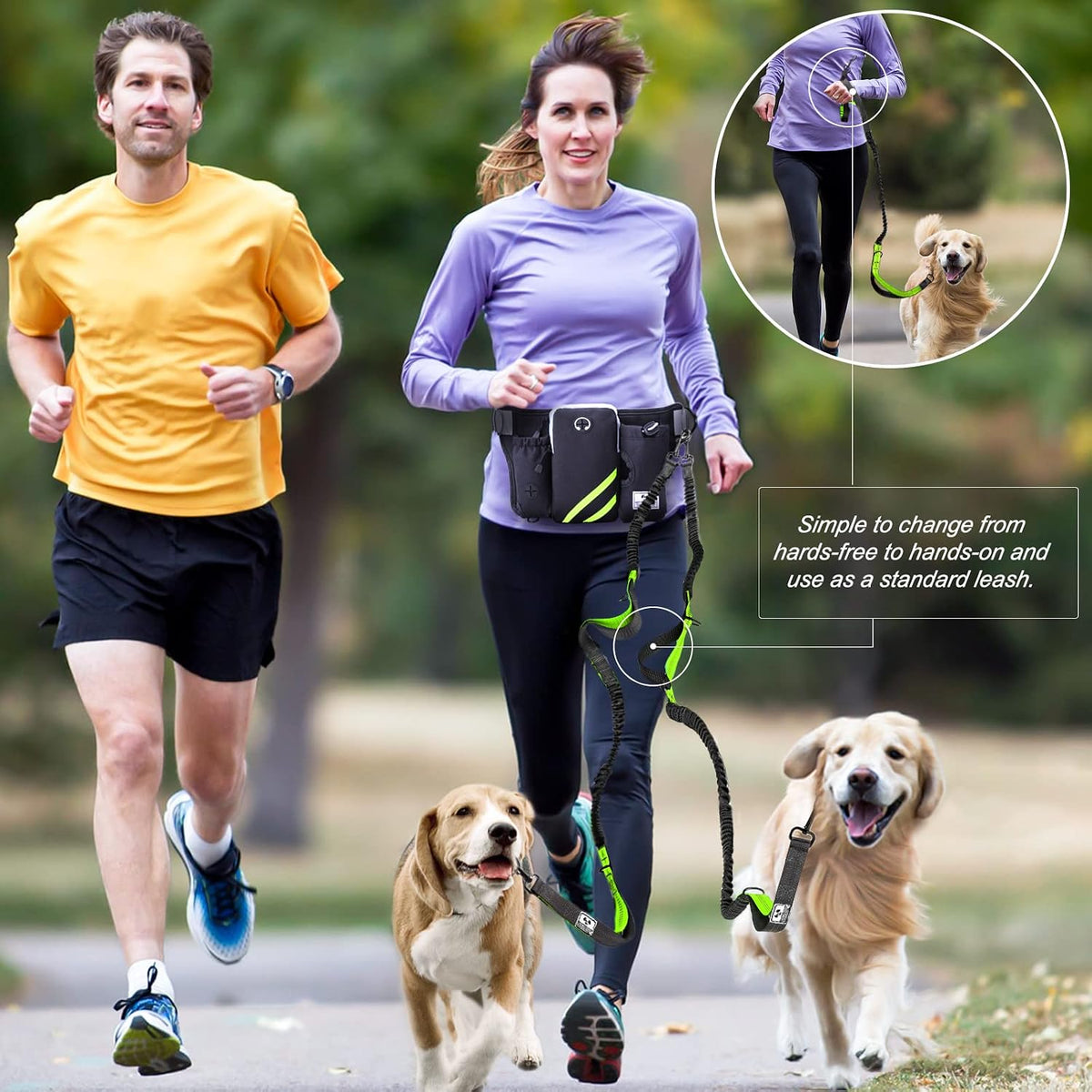 SHINE HAI Retractable Hands Free Dog Leash with Dual Bungees for 2 - Green/Black / For 2 Dog - image 2