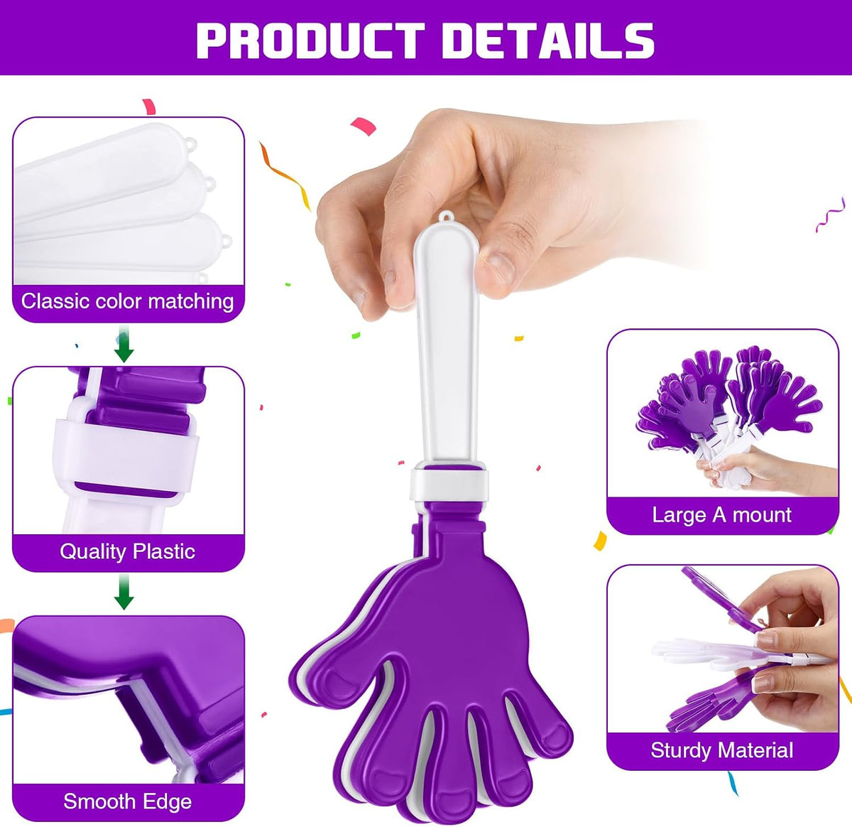 Junkin purple and white plastic hand clappers noisemakers, 48 pack - view 18