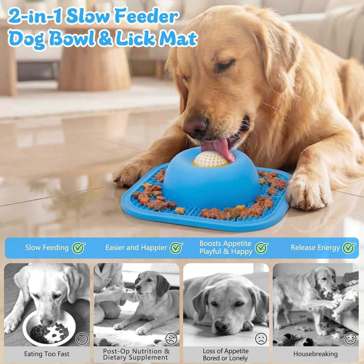 Slow Feeder Dog Bowls & Lick Mat for Liquid and Thick Treat - Medium / Blue - image 2