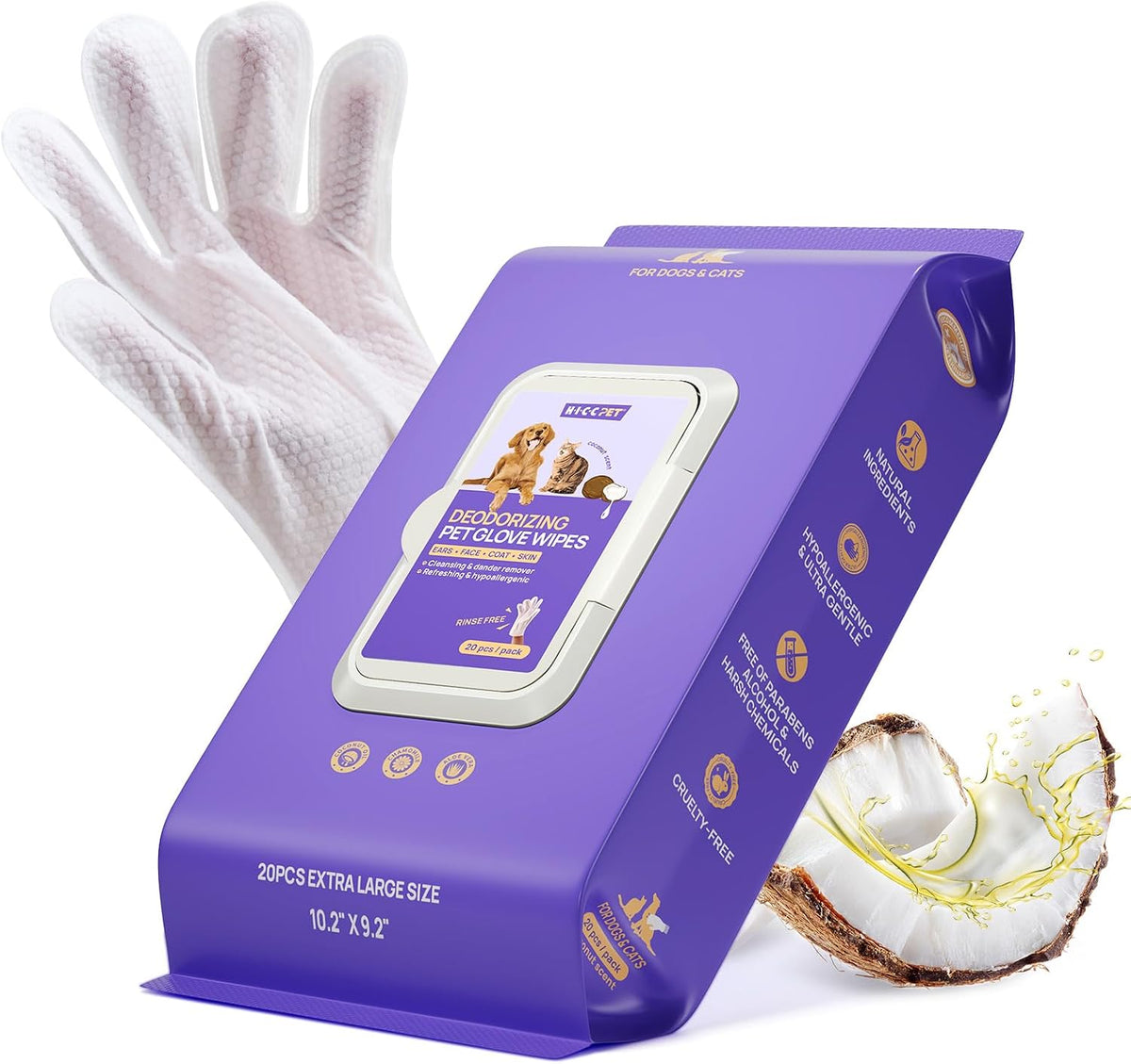 HICC PET Dog Wipes for Dogs & Cats, Glove Design - Coconut Scent / 20 PCS