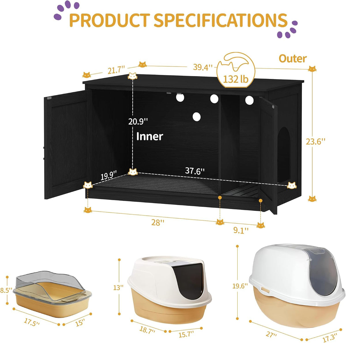 Hzuaneri Cat Litter Box Enclosure - Black / 39.4"L x 21.7"W x 23.6"H - image 2